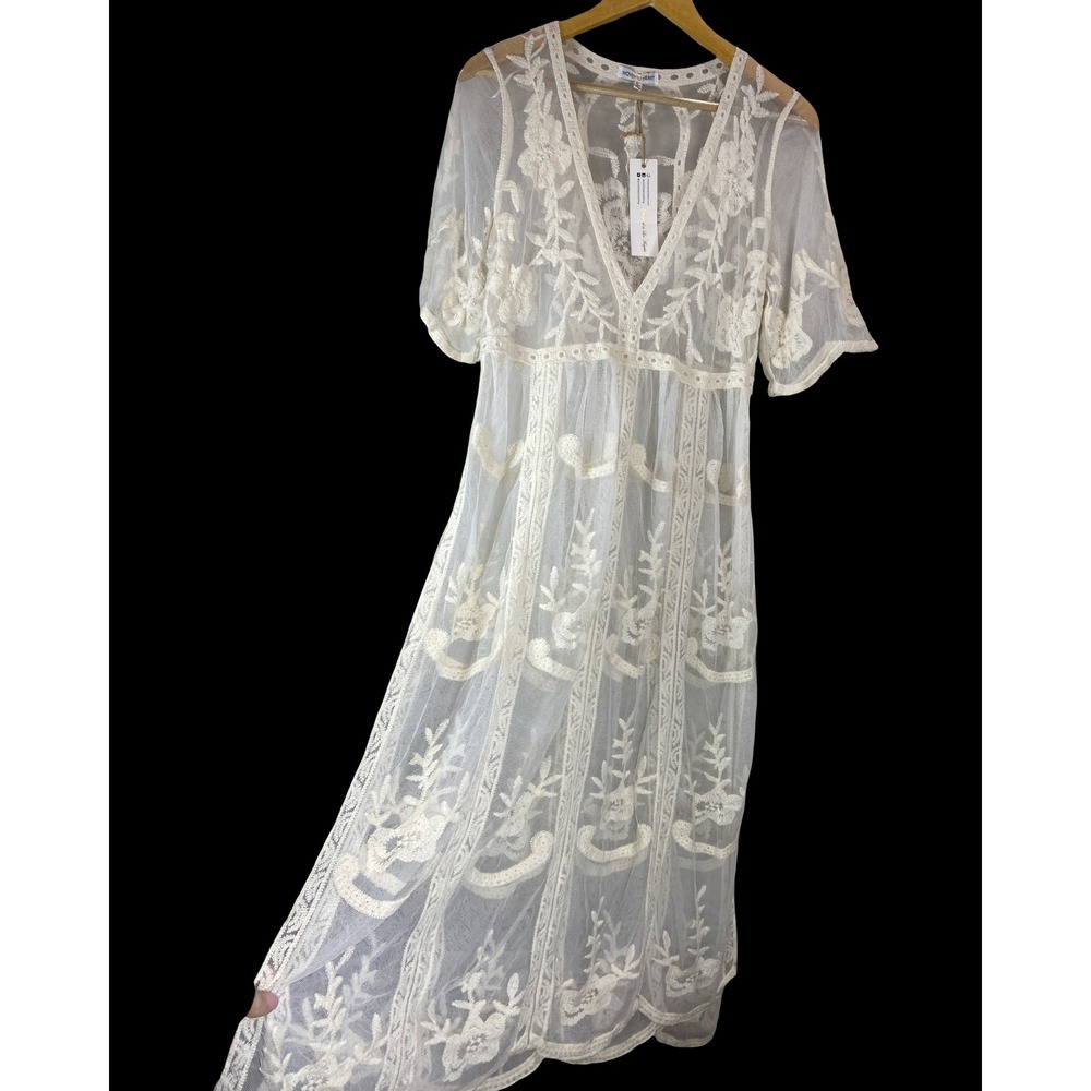 Woven Heart Ivory Floral Embroidered Sheer Mesh Maxi Dress Boho Duster Large - Picture 2 of 9